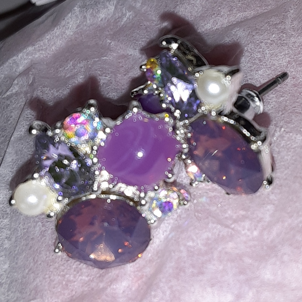 Avon Purple Stone Cluster Stud Silvertone Earrings